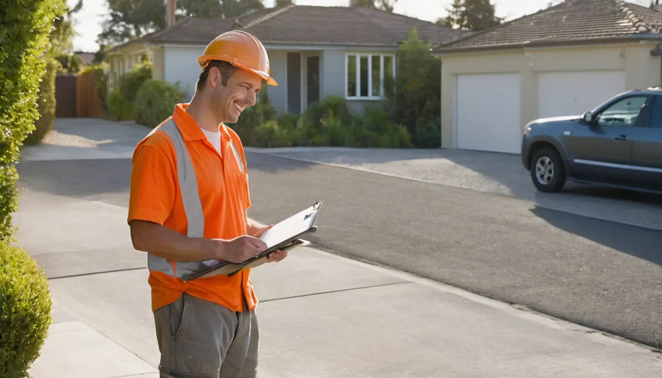 A homeowner reviewing a driveway plan with a local concrete provider
